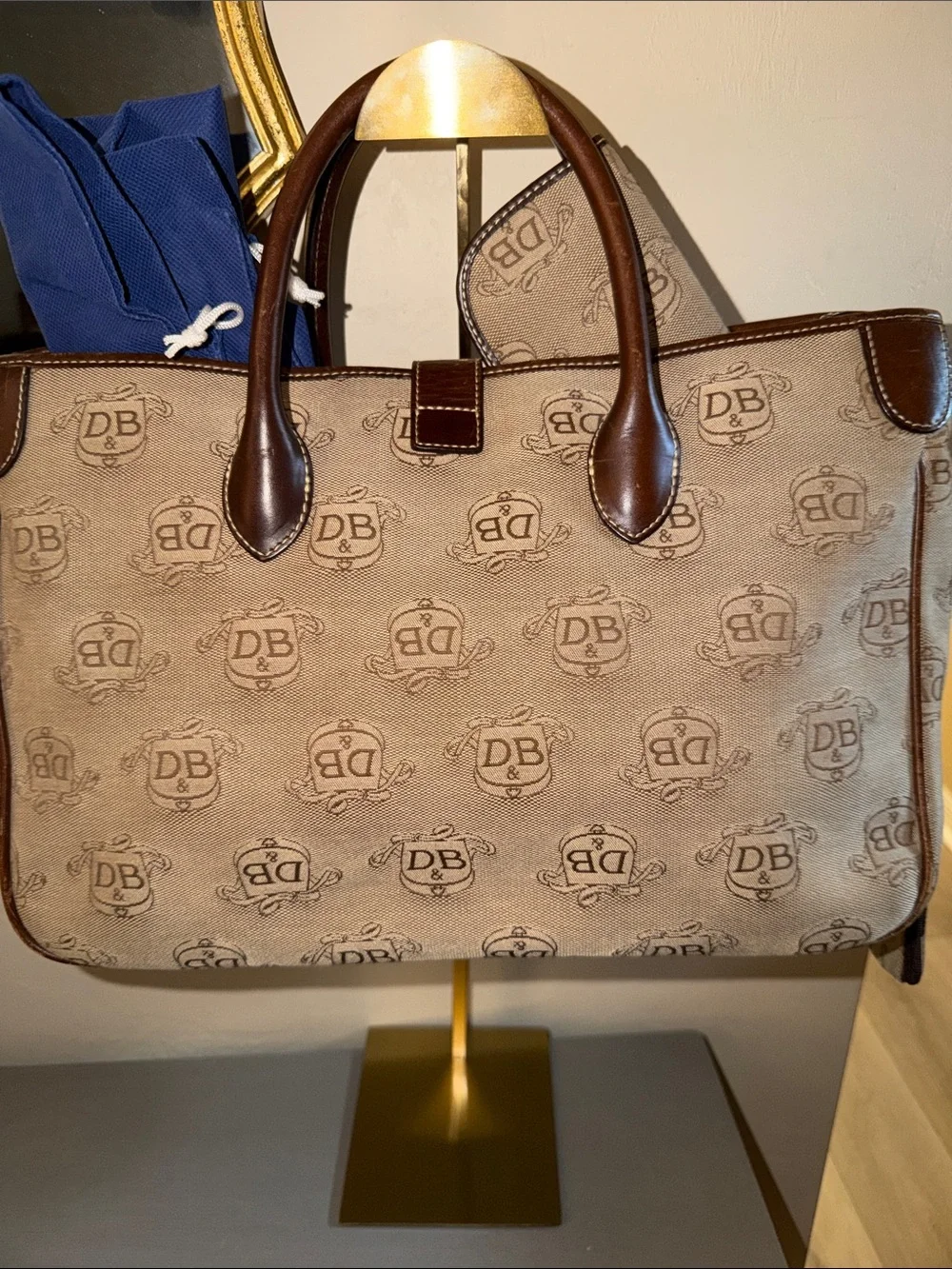 Dooney & Bourke Tan Canvas Messenger Bag with Brown Leather Trim